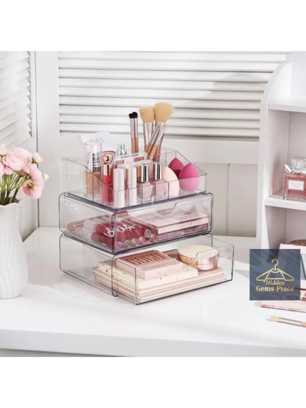 3-Tier Clear Makeup Organizer with 2 Drawers, Stackable, Large Capacity for